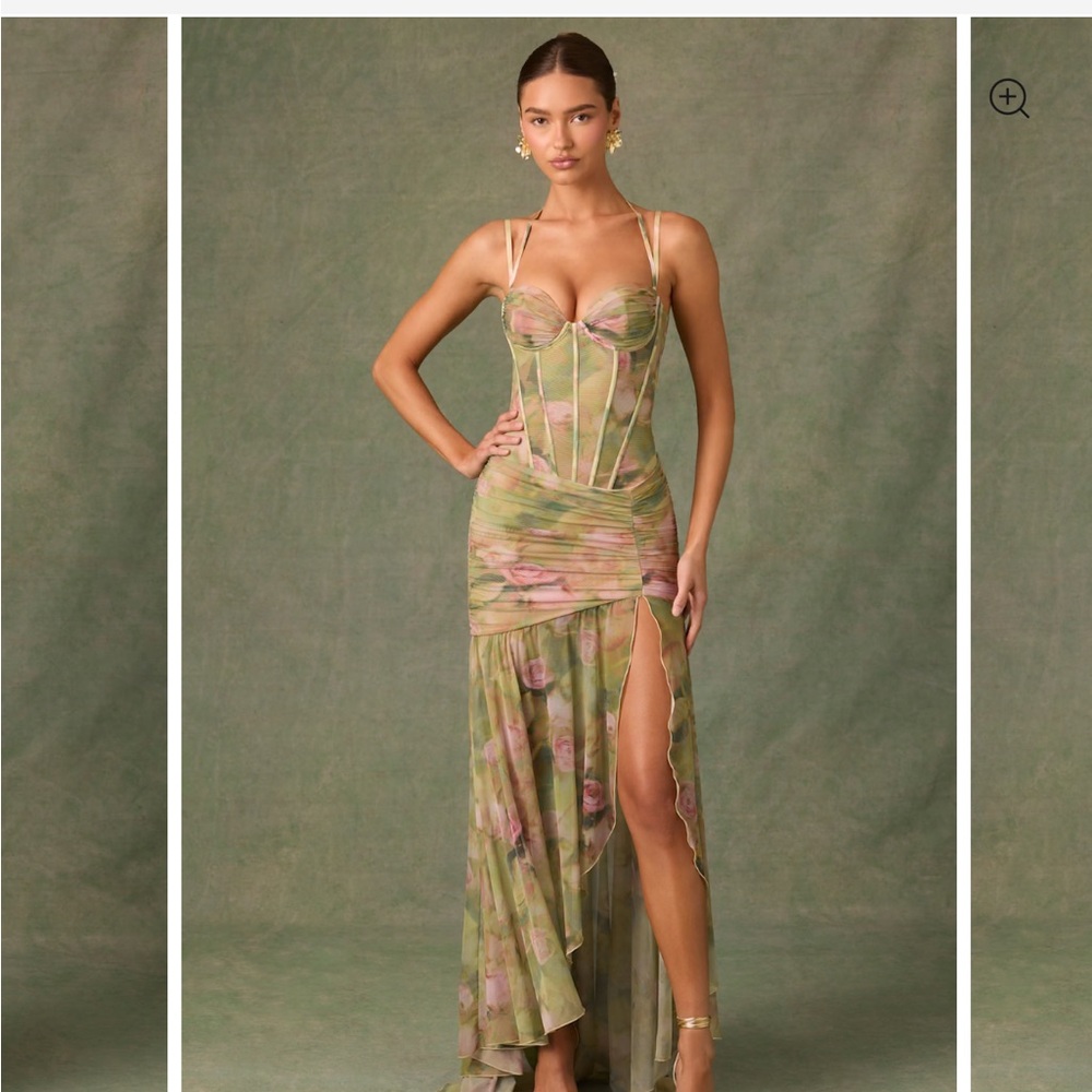 Oh Polly x Ruched Asymmetric Corset Gown in Floral Multi Print